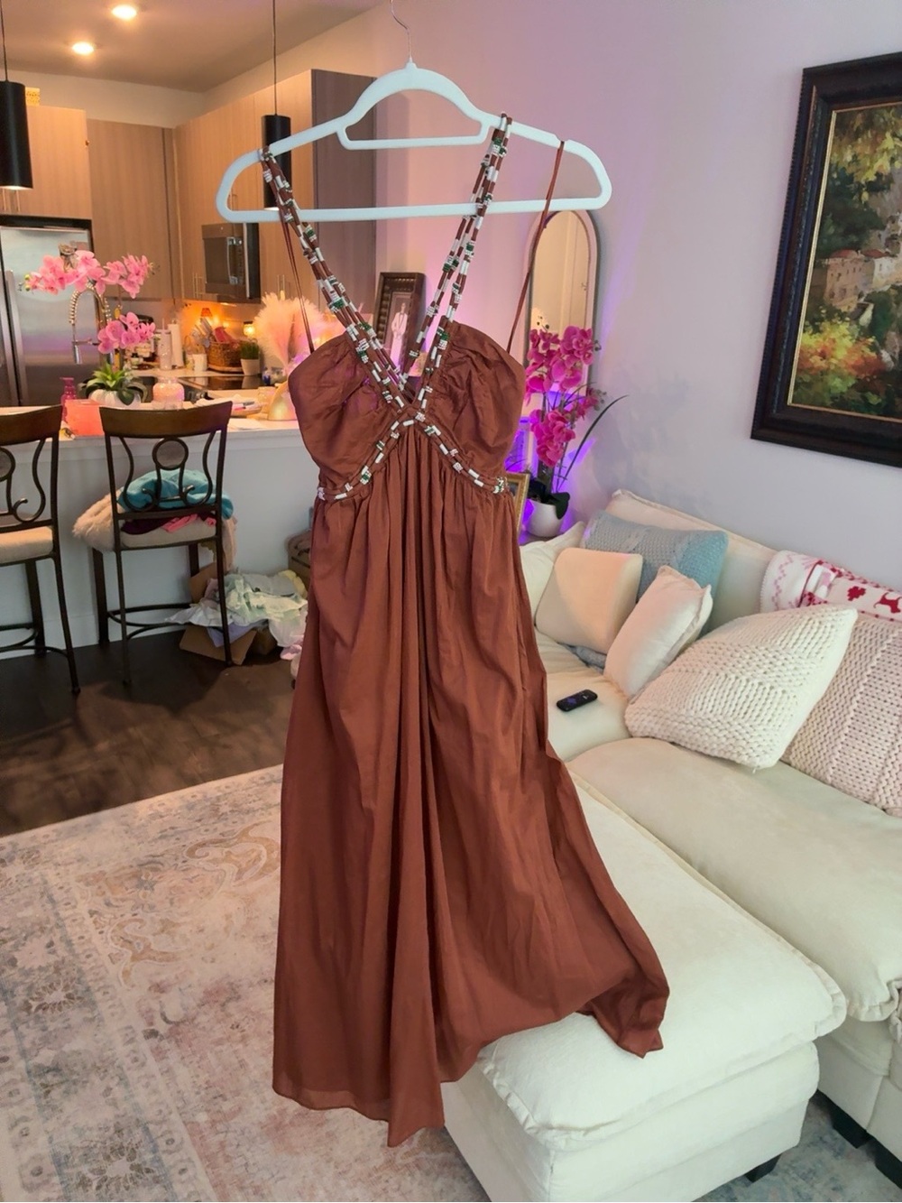 ZARA Beaded Strappy Terracotta Rust Midi Dress NWT Size S - Picture 2 of 4